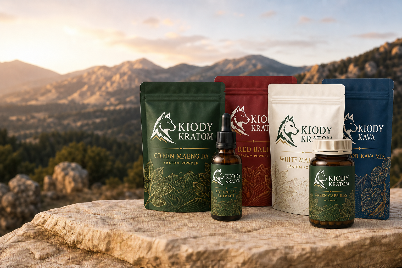 Kiody green, red, white, capsule, extract, and kava collection in a Colorado landscape