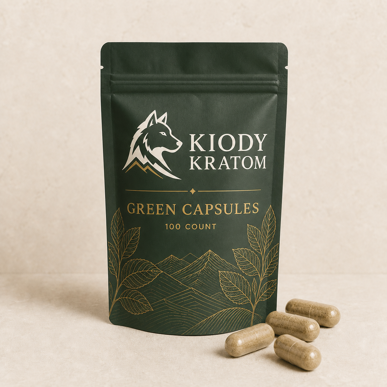 Kiody Green Kratom Capsules in a resealable 100-count mylar pouch