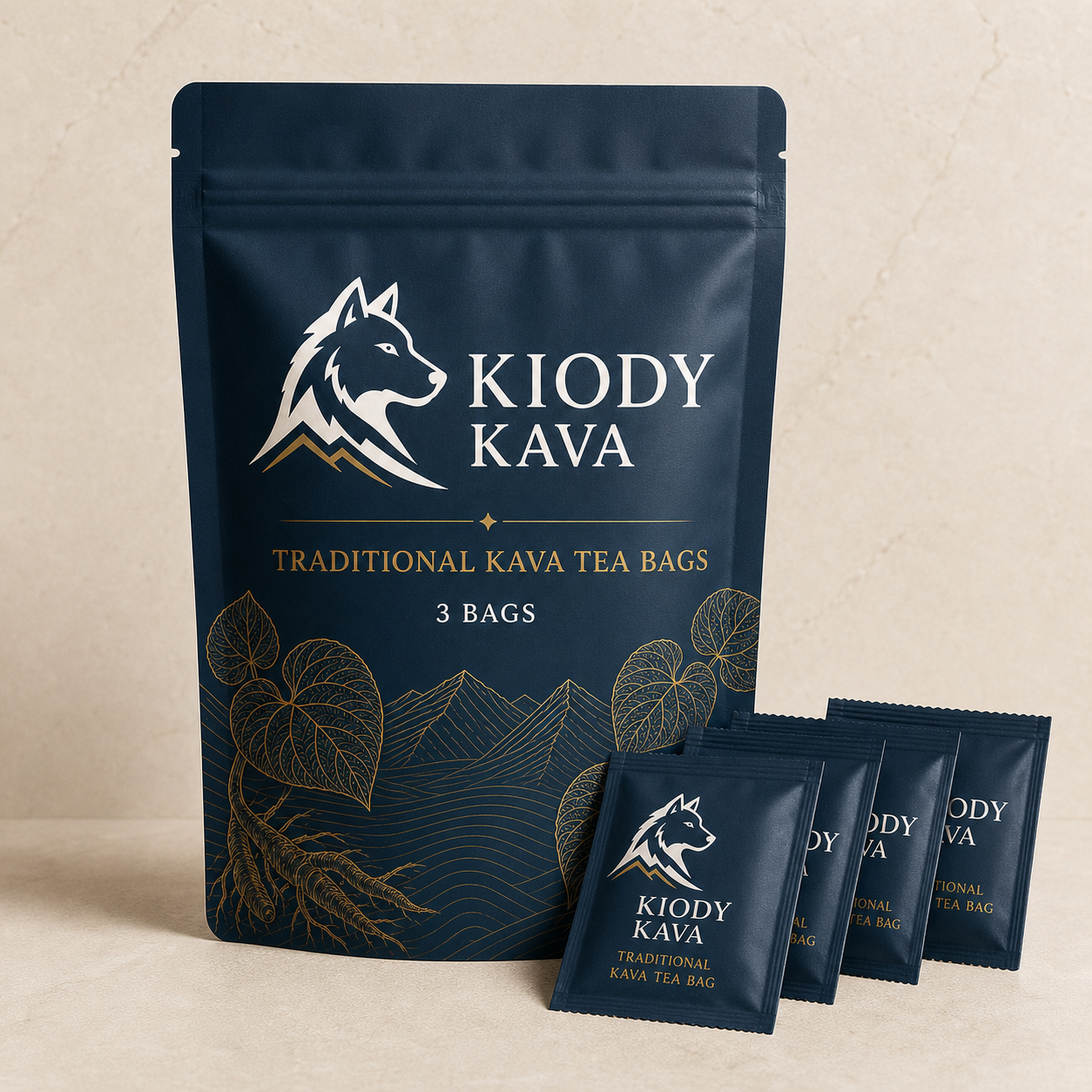 Kiody Kava traditional tea bag pouch with three individually wrapped kava bags and gold kava leaf artwork