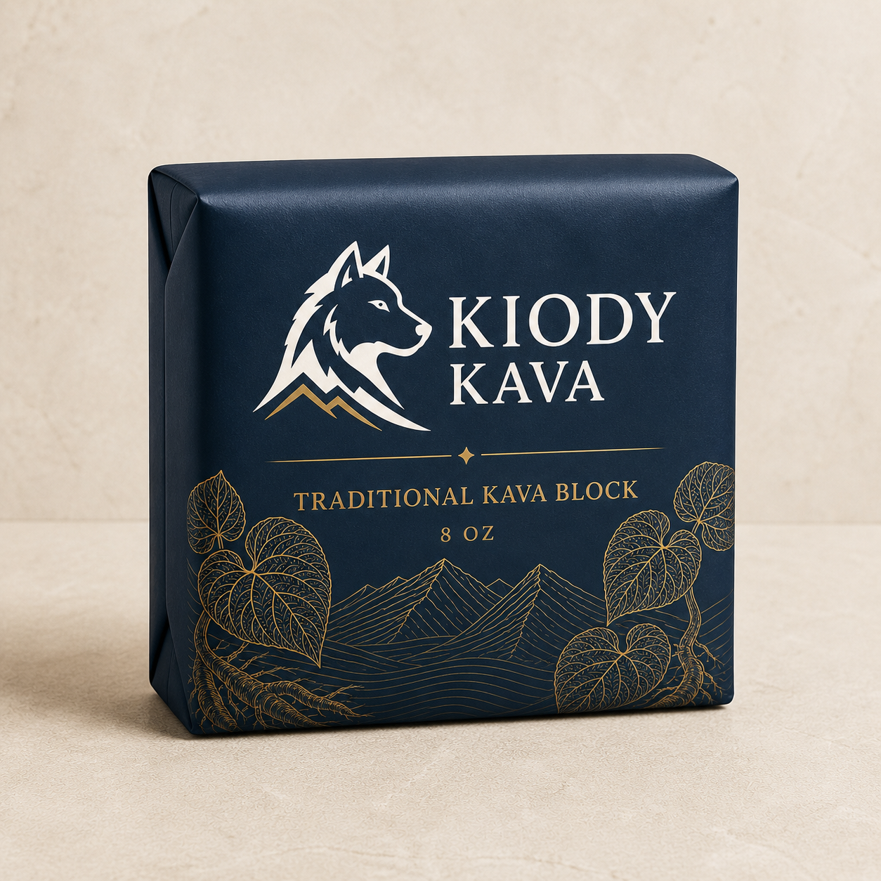 Kiody Kava traditional 8 ounce kava block in a navy wrapper with gold kava leaves, roots, and mountain artwork
