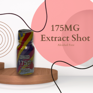 Kiody Kratom 175 mg alcohol-free extract shot bottle in a promotional graphic