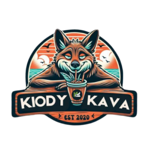 Kiody Kava logo with a fox drinking from a cup at sunset