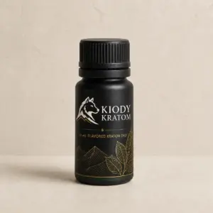Kiody 10 mL Flavored Kratom Shot in a matte-black bottle with gold botanical artwork