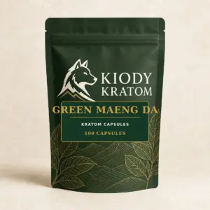 Kiody Green Maeng Da Kratom Capsules 100-count bag with current wolf logo and antique-gold botanical inlay