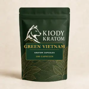 Kiody Green Vietnam Kratom Capsules 100-count bag with current wolf logo and antique-gold botanical inlay