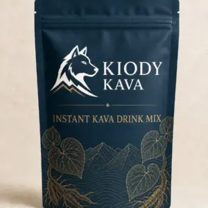 Kiody Instant Kava Drink Mix in a navy pouch with gold kava-root artwork