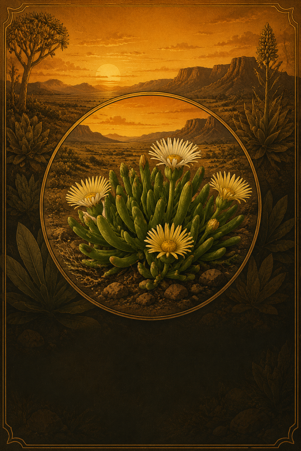 Illustration of the kanna plant in a South African landscape