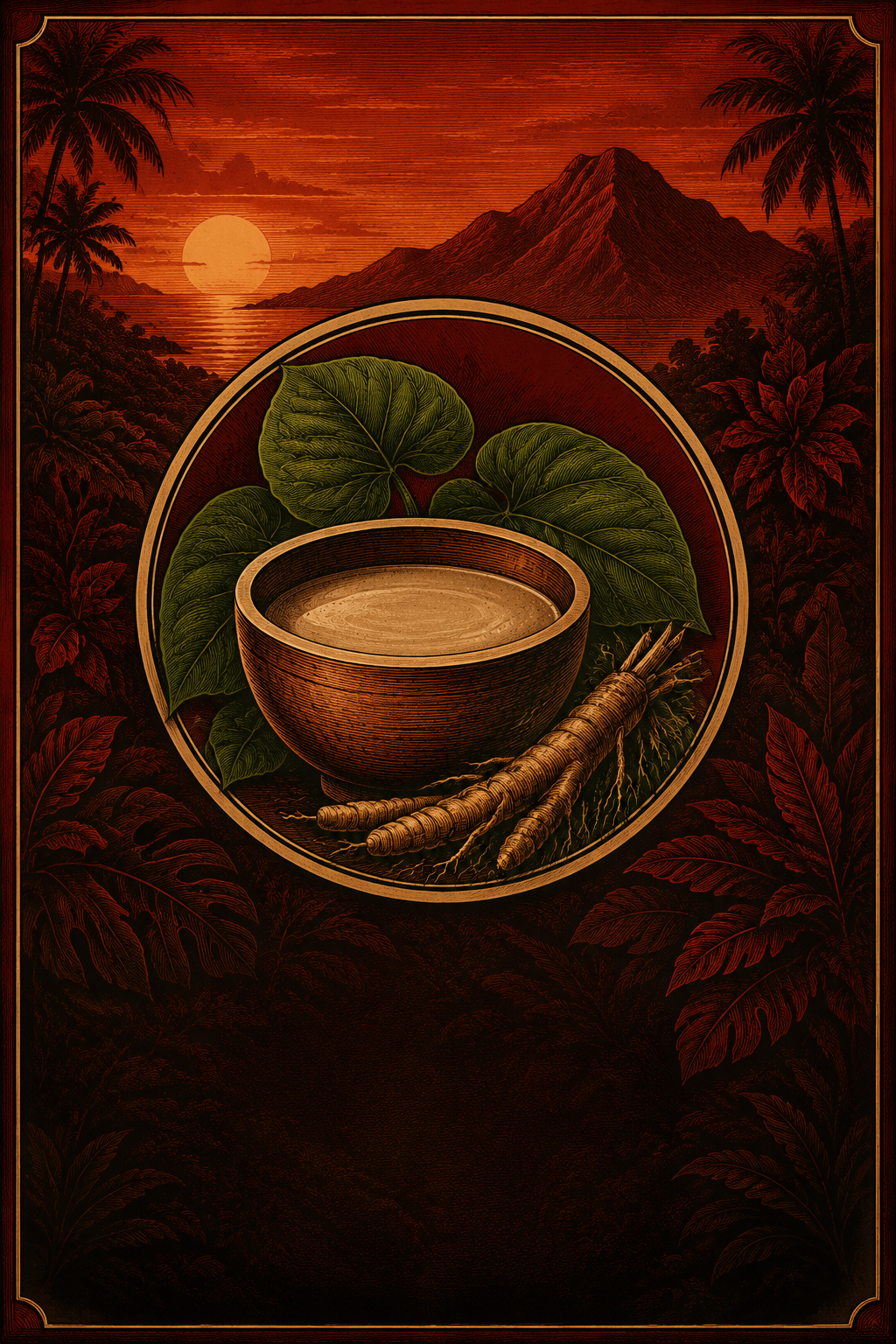 Illustration of kava roots, leaves and a traditional kava bowl