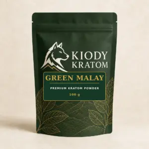 Kiody Premium Green Malay Kratom Powder 100 g bag with current wolf logo and antique-gold botanical inlay