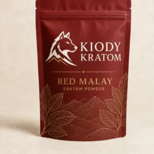Kiody Red Malay Kratom powder in a clay-red pouch with gold botanical artwork