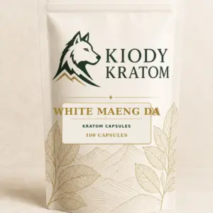 Kiody White Maeng Da Kratom Capsules 100-count bag with current wolf logo and antique-gold botanical inlay