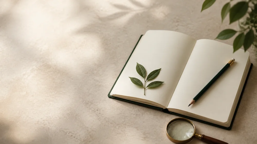 Botanical field notebook and magnifying glass