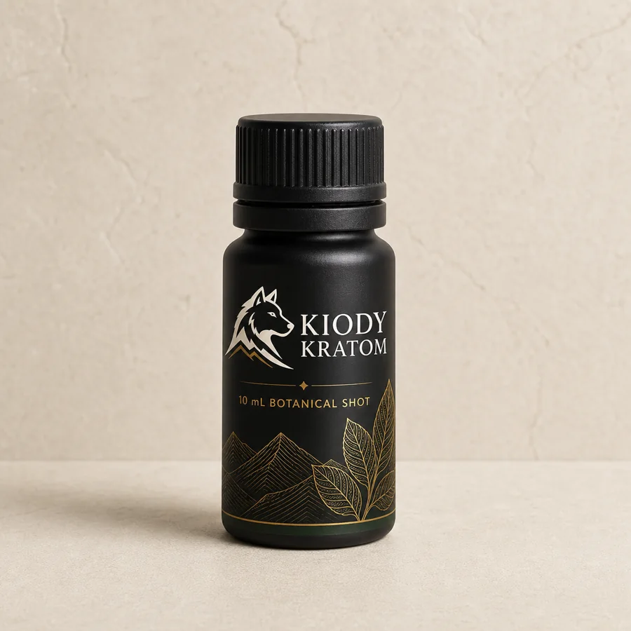 Kiody Kratom 10 milliliter botanical shot in a matte black bottle with gold kratom leaf and mountain artwork