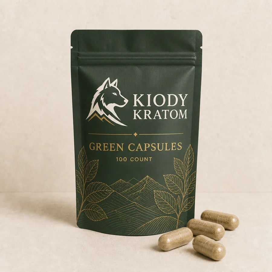 Kiody Green Kratom Capsules in a resealable 100-count mylar pouch