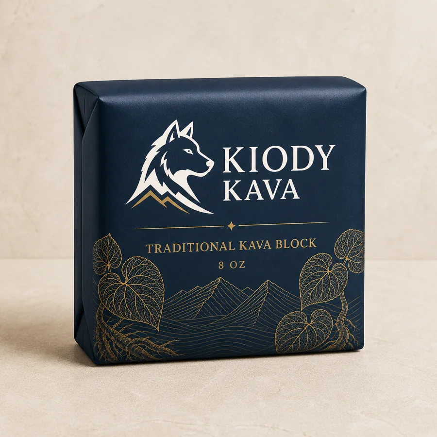 Kiody Kava traditional 8 ounce kava block in a navy wrapper with gold kava leaves, roots, and mountain artwork